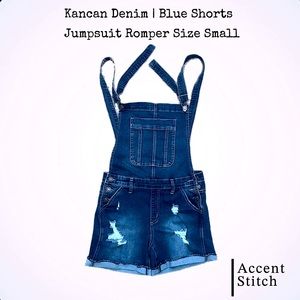 KanCan Jumpsuit | Blue Denim Romper Shorts Distress Utility Pockets Size…